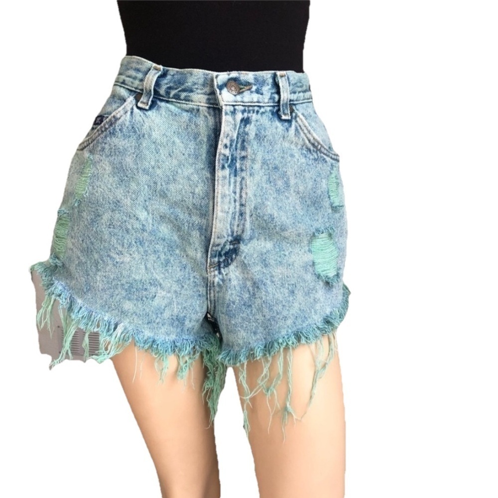 Blue and Green High-Waisted Jean Shorts with Distressed Hem